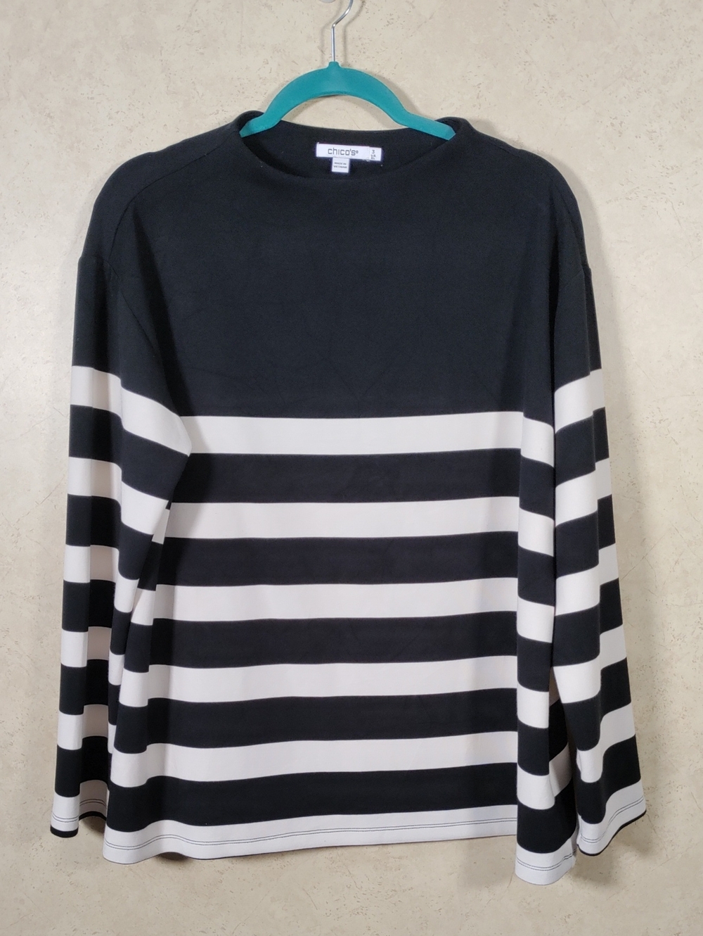 J132 Chico's Black & Cream Mock Neck Striped Long-Sleeve Top 3 XL